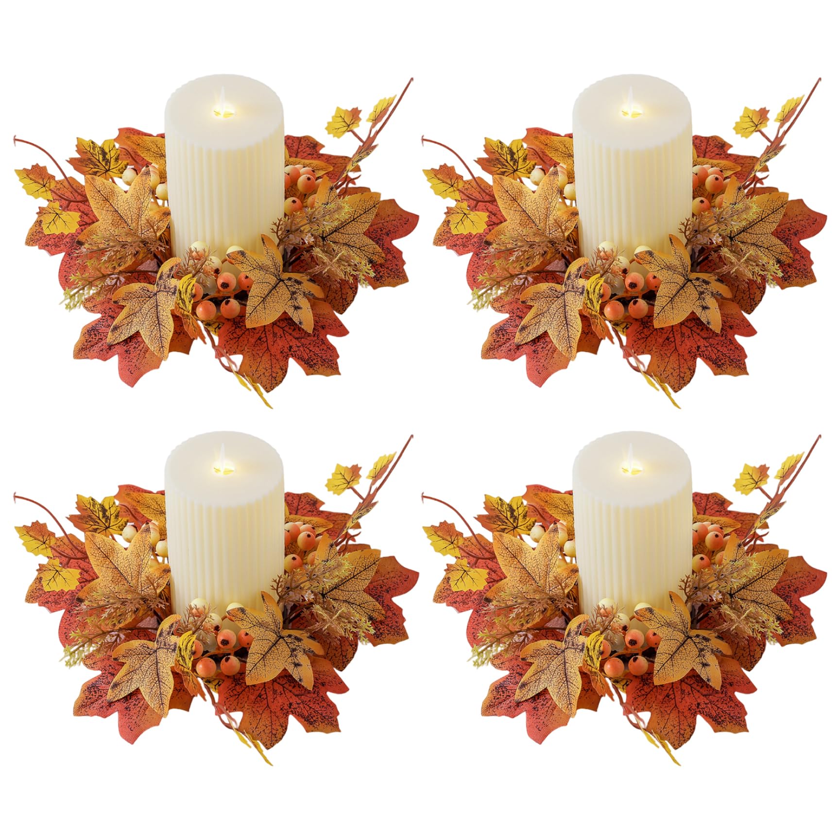 Goutdori 4PCS Candle Rings Wreaths Lifelike, Elegant Fall Leaves Wreath for Farmhouse Thanksgiving Halloween Wedding Centerpiece Table