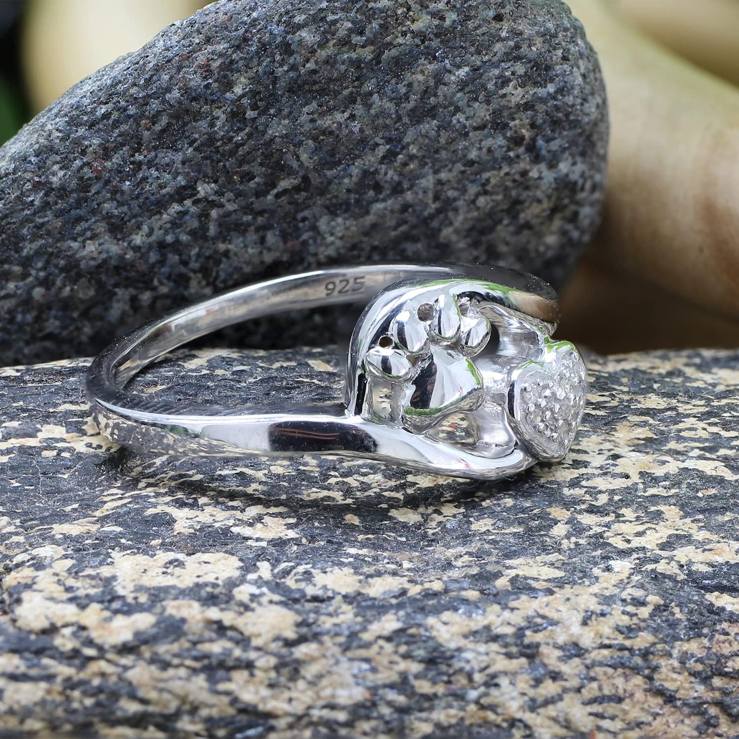 White Natural Diamond Accent Paw Print Heart Ring in 14k Gold Over Sterling Silver (I-J Color, 0.03 Cttw)