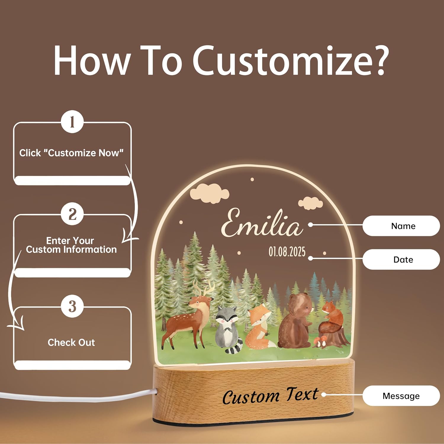 7 Geeft Personalized Baby Gifts for Kids, Custom Name LED Lamp, Safari Jungle Animals Acrylic Plaque Night Light, Perfect Christmas Baby Shower Gifts for Boys Girls, Children's Room Nursery Decor