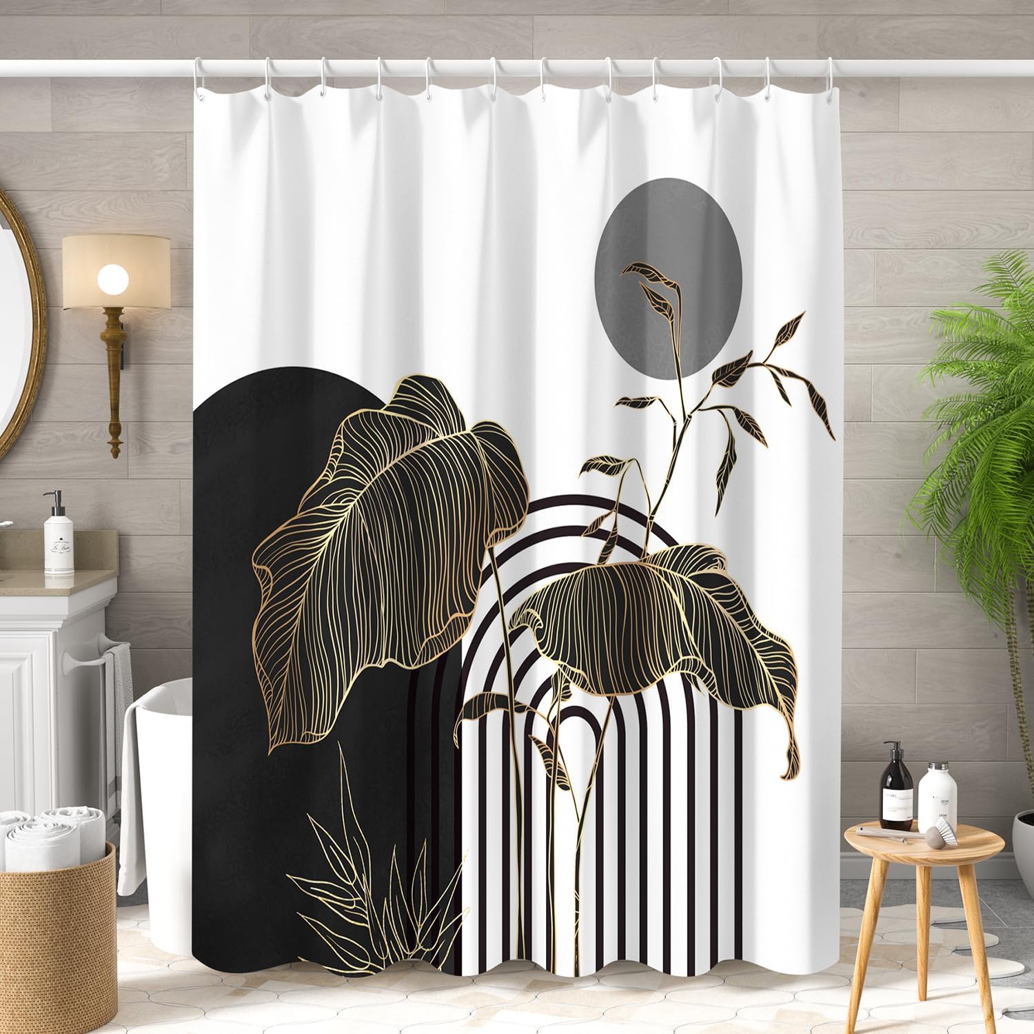 ChloropLastid Abstract Boho Shower Curtain for Bathroom Decor Modern Tropical Plant Botanical Palm Leaf Decor Mid Century Black Bathroom Decor Waterproof Fabric with Hooks 72x84 inch