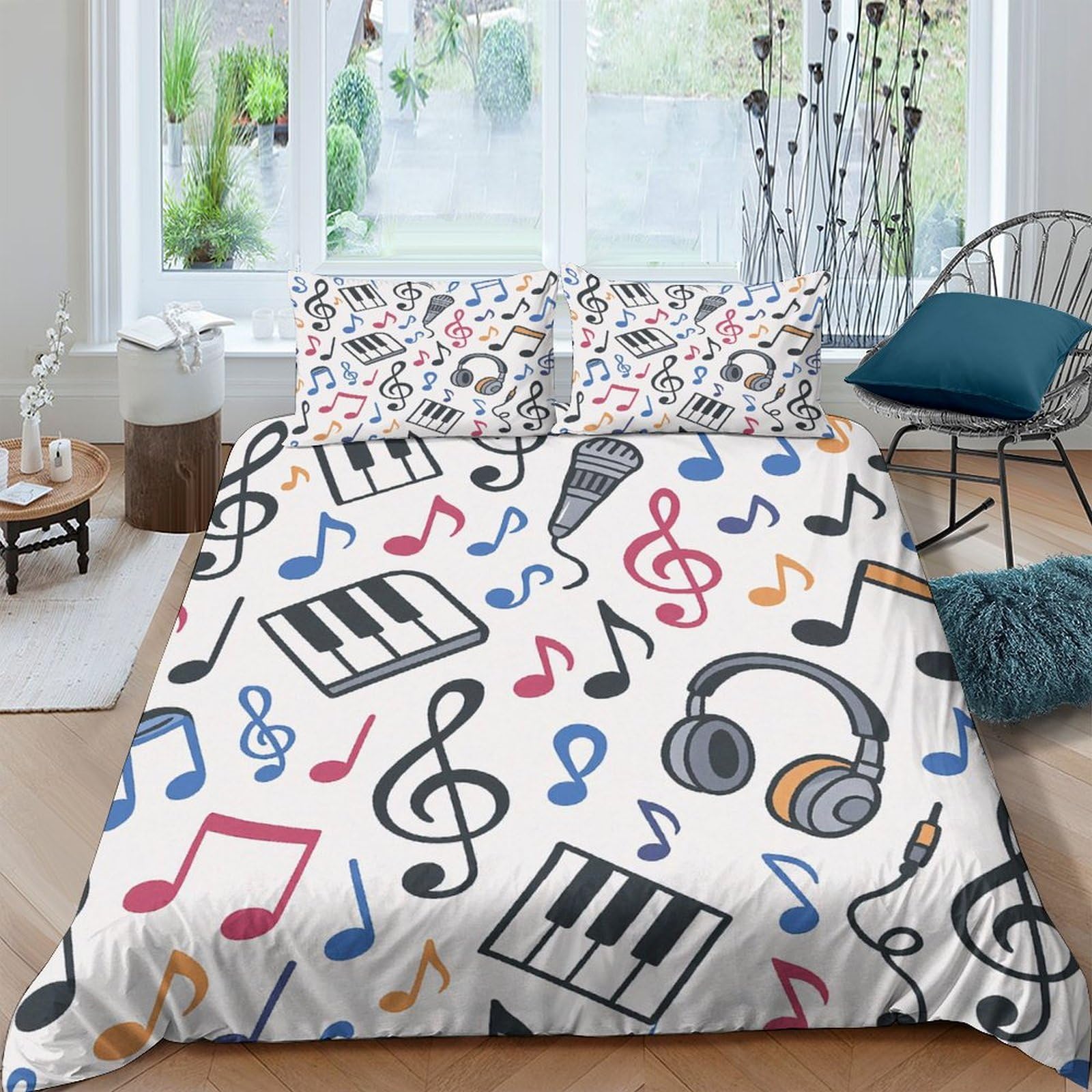 GPLZQXKJNH 3D Printed Music Notes Duvet Cover Microfiber Soft Bedroom Decor Headphones Bedding Set with 2 Pillowcases Single（135x200cm）