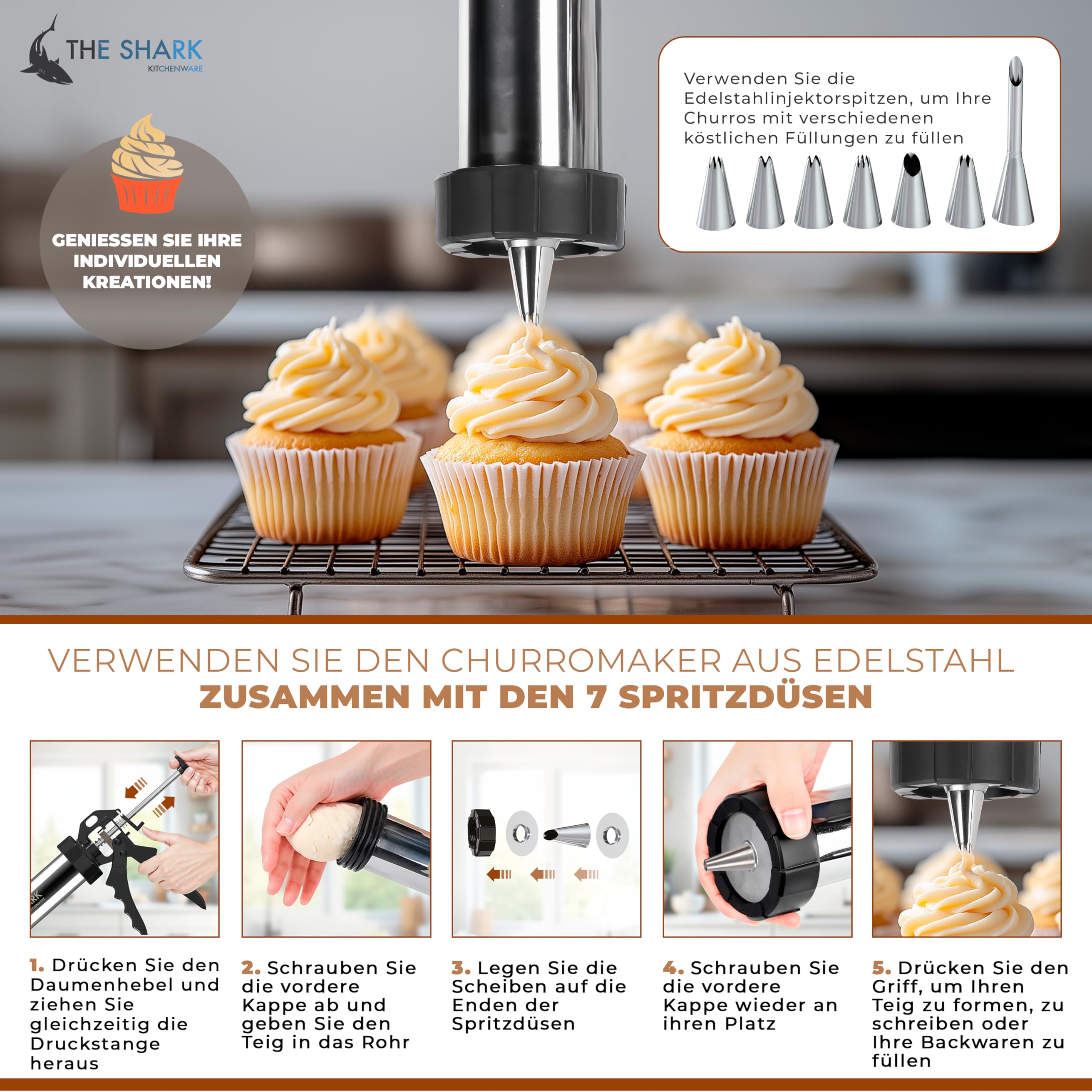 Churros Maker & Spritzgebäck Maschine – 304 Edelstahl, Große Kapazität, Leicht zu Reinigen & Langlebig – Ideal für Familien, Hobbybäcker & Profis – Perfekte Gebäckpresse für Spritzgebäck & Churros