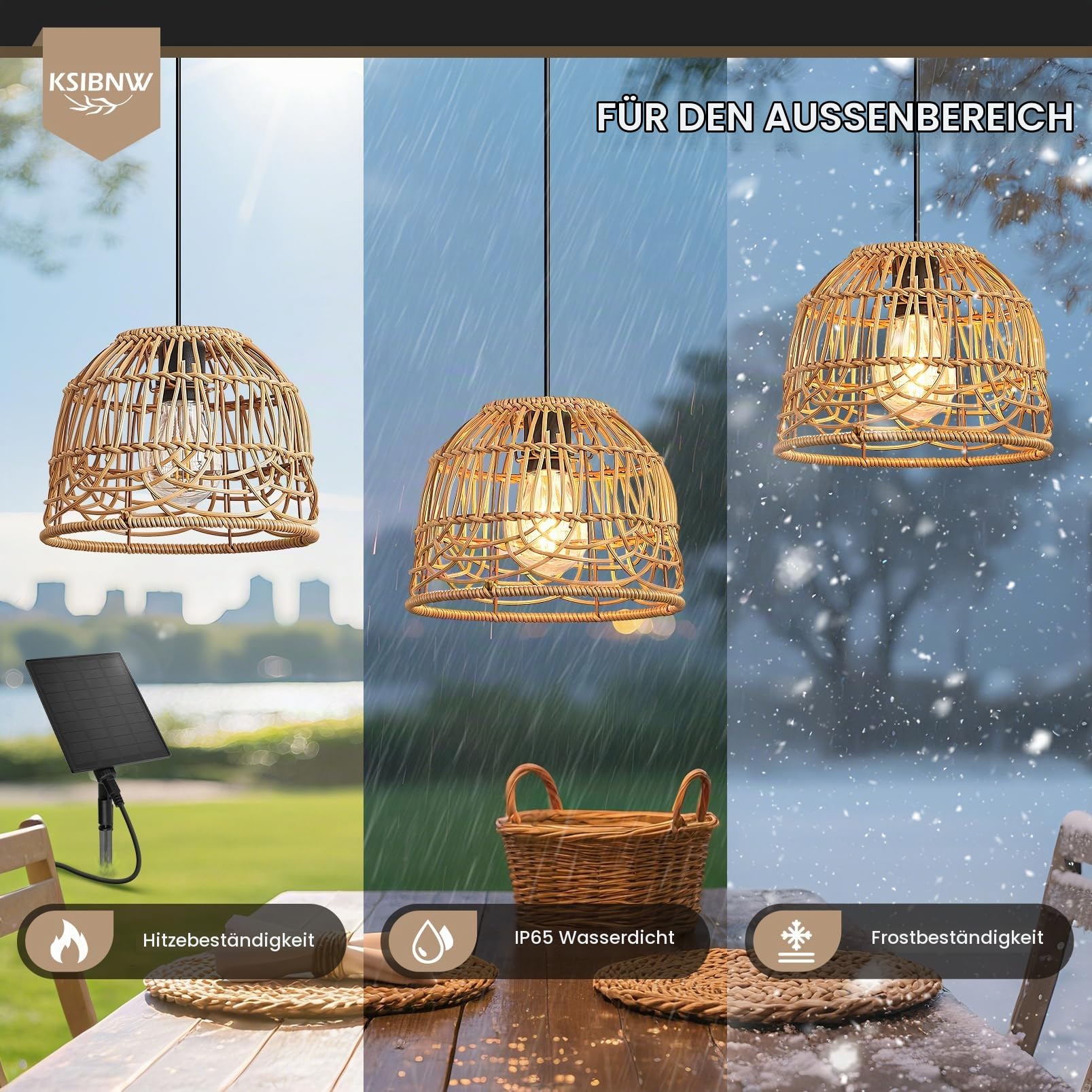 KSIBNW Solarlampen für Außen Garten, Outdoor Rattan Solar Hängelampe mit Fernbedienung Wasserdichte IP65 Pendelleuchte Solarbetriebene Lampe mit Solarpanel und 5M Kabel für Balkon Terrassen Patio