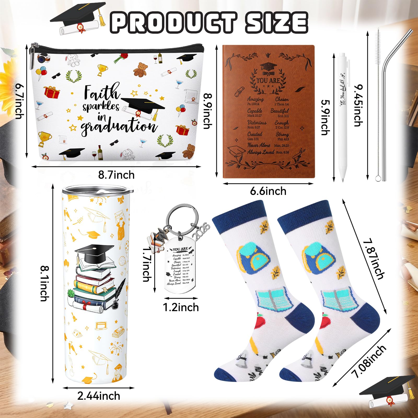 Patelai 6 Pcs 2026 Christian Graduation Gifts Set Congrats Grad Gift Basket for College High School Bible Verse Graduation Gift with Tumbler Keychain Makeup Bag Notebook Pen Sock for Graduates Her Him
