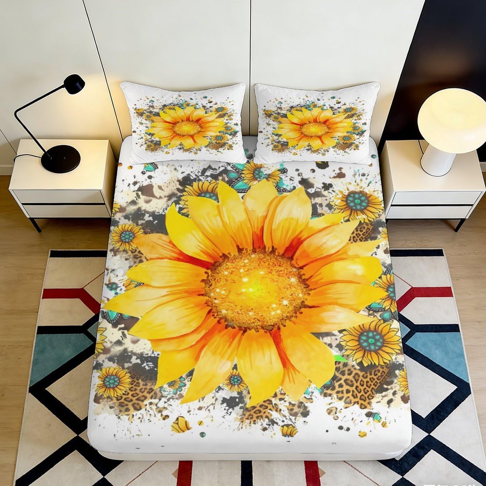 3D Printed Sunflower Fitted Sheet Microfiber Deep Pocket Non-Slip Sunflower Mattress Fitted Cover Washable for Bedroom 90x200x25cm