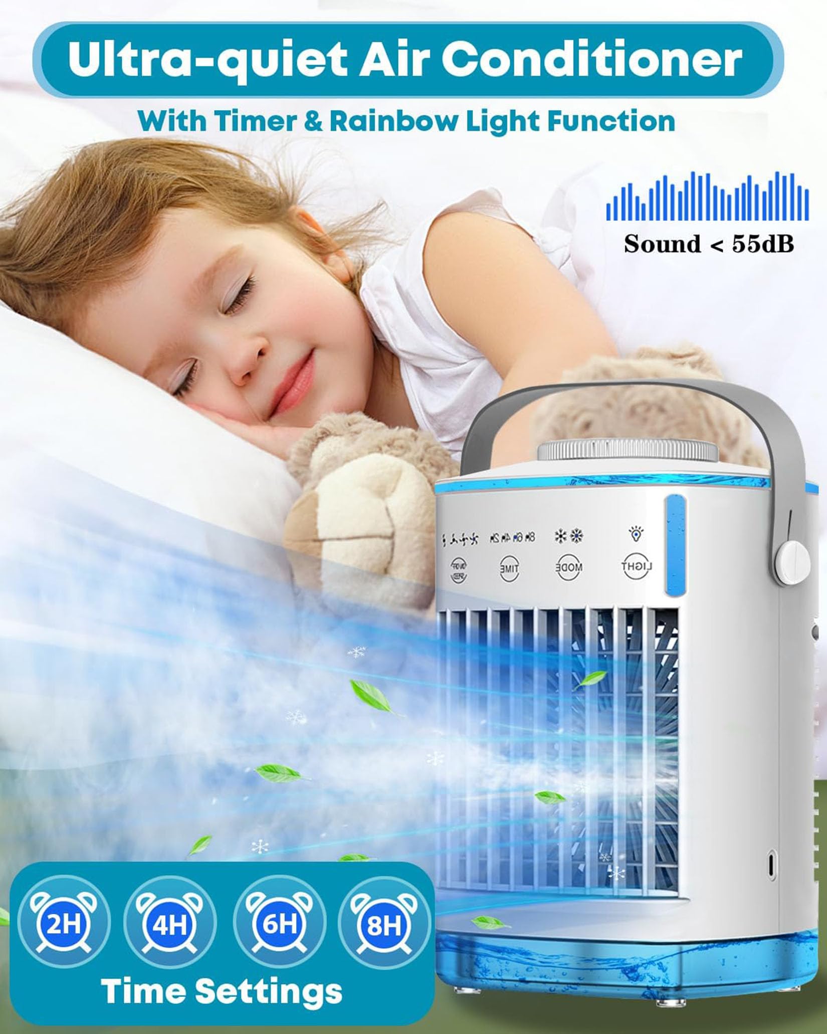 Condizionatore Portatile 4 In 1 Raffrescatore d'aria 700ML 3Velocità 2Modalità Nebbia Fredda Raffrescatore Evaporativo 180° Oscillazione Timer 10H Climatizzatore Portatile Senza Tubo Casa A