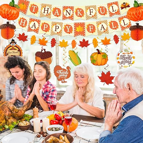 Miniatura 6 de Decoraciones de Acción de Gracias, pancarta de feliz otoño, remolinos colgantes y bolas de panal de abeja, remolinos de hojas de arce de pavo para