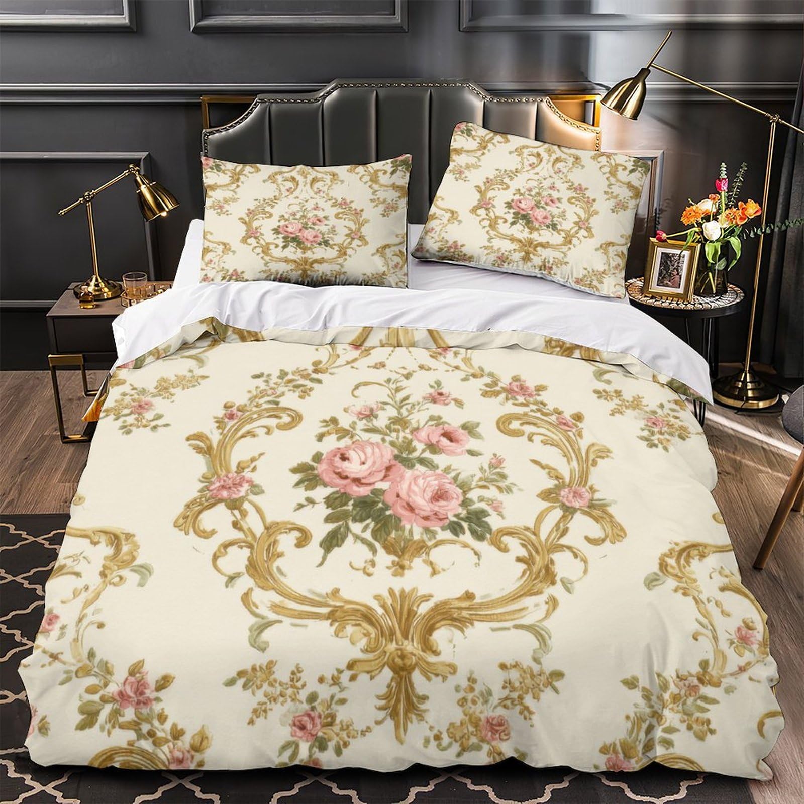 Parure de lit double baroque avec housse de couette florale 200x200