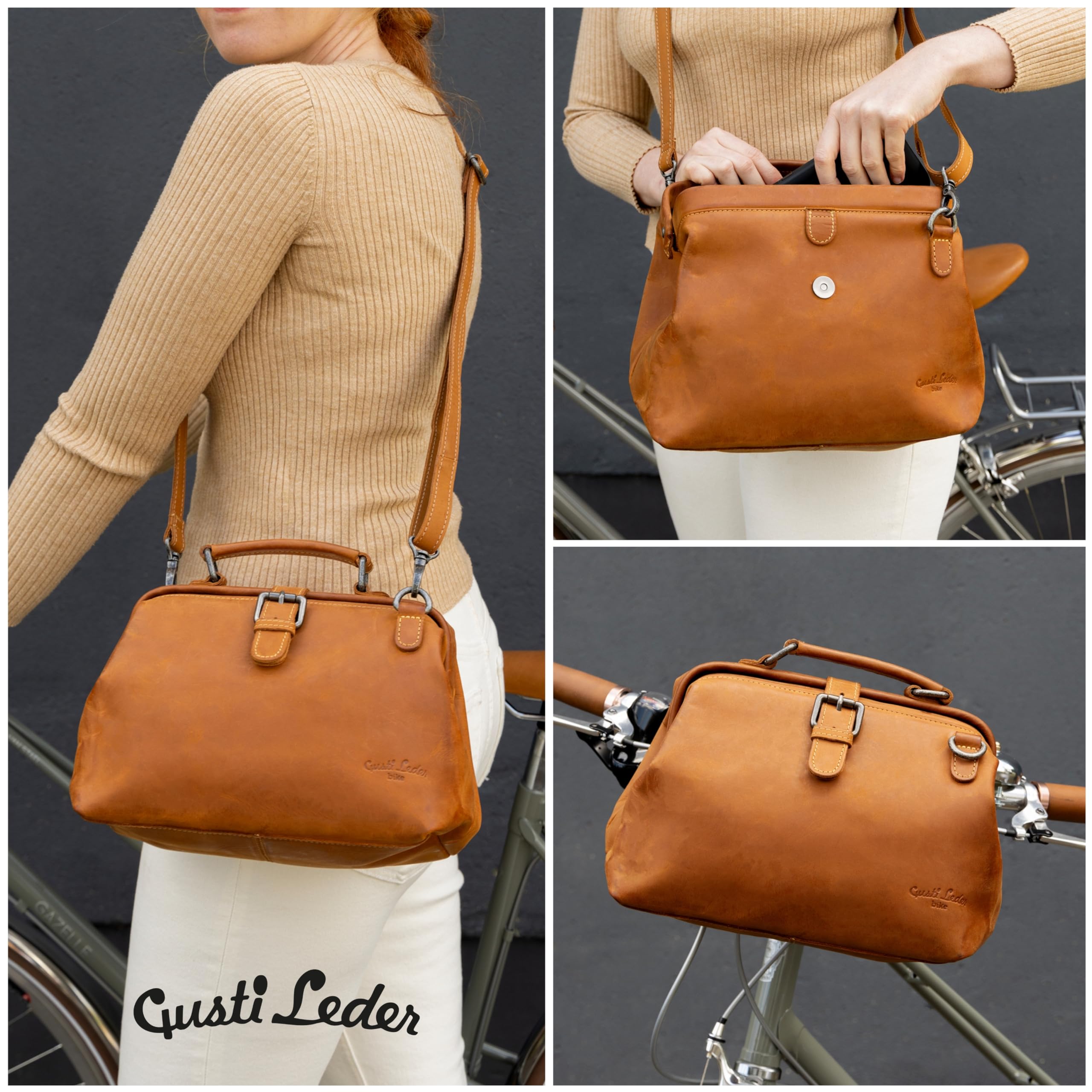 Gusti Lenkertasche Leder- Tillie A. Lenkertasche inkl. Platte Umhängetasche Fahrradtasche Ledertasche Vintage Leder Braun