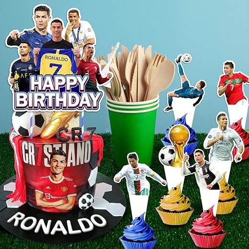Miniatura 5 de 25 piezas de suministros de fiesta de cumpleaños con temática de fútbol, decoraciones de fiesta de cumpleaños de fútbol, decoraciones de pastel de
