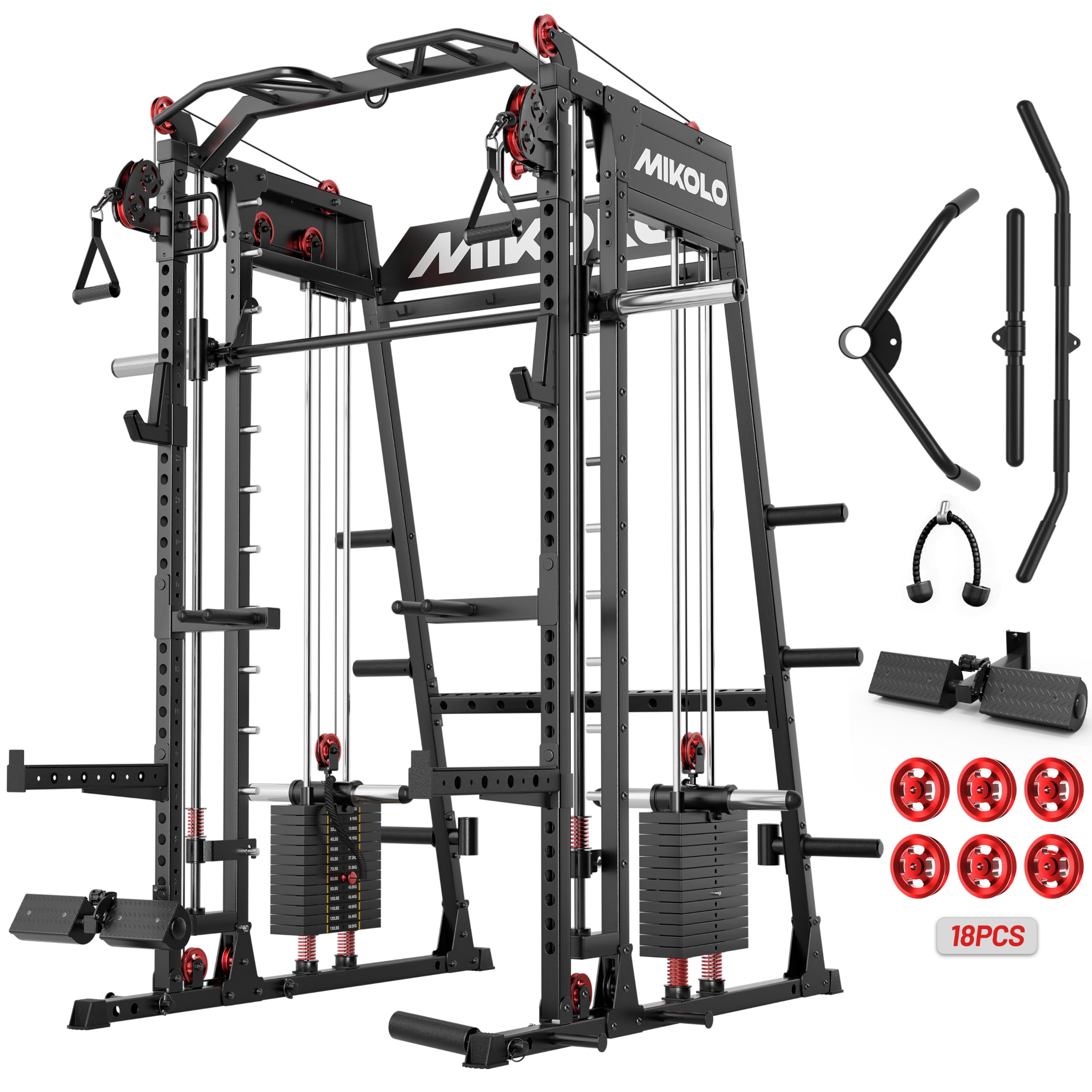 Mikolo M4 2.0 Smith Machine, 2200lbs Squat Rack with LAT-Pull Down System &amp; Cable Crossover Machine, Training Equipment with Leg Hold-Down Attachment