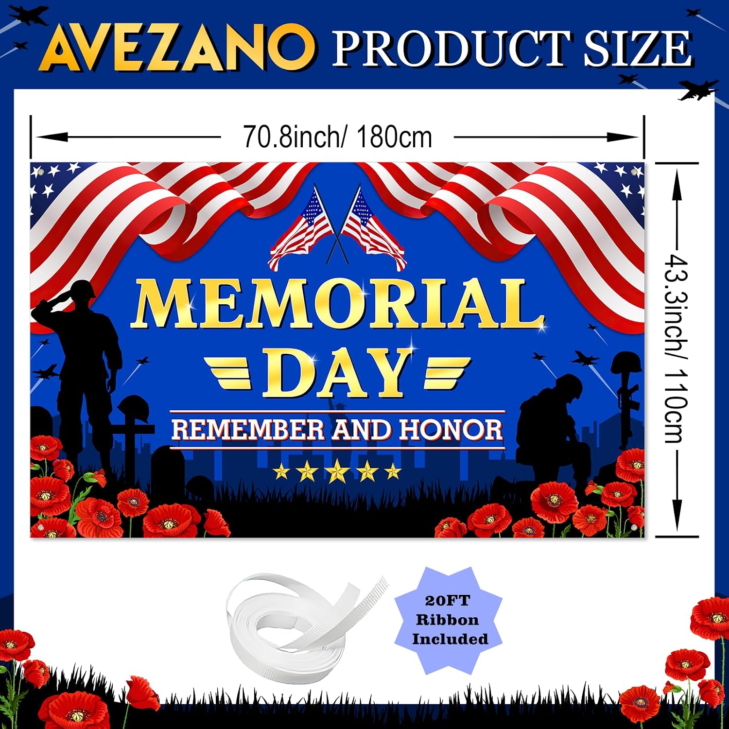 Avezano Memorial Day Banner Remember and Honor Backdrop for Photography American Patriotic Banner Memorial Day Decoration and Supplies for Veterans Day, Patriotic Soldier Party 70.8 x 43.3 Inch