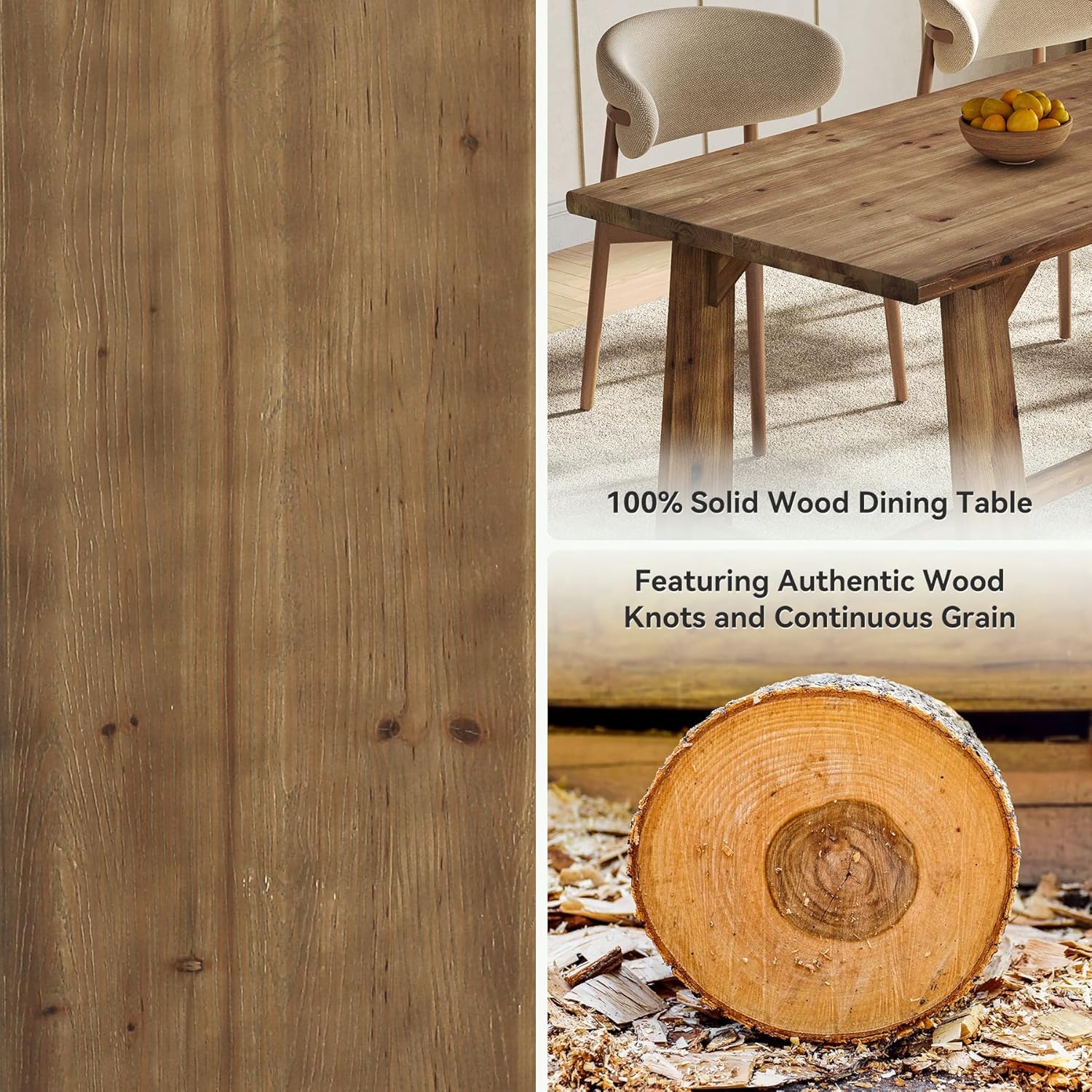 LITTLE TREE Solid Wood Dining Table for 6, 63-Inch Rustic Dining Room Tables, Wood Rectangular Kitchen Dinner Table for 4, Farmhouse Brown