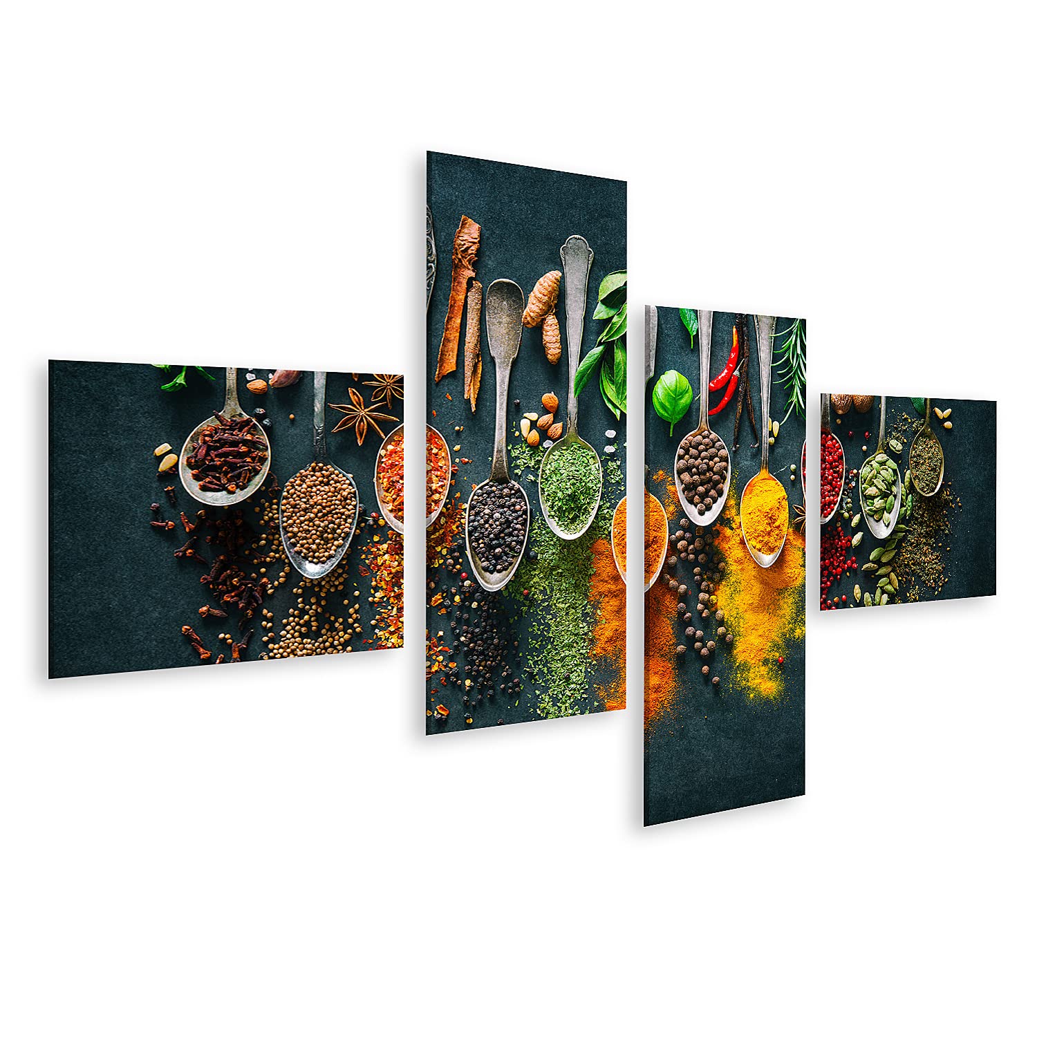 bilderfelix Quadro su tela Erbe varie colorate Spezie Cucina Sfondo scuro - Tela 150x80 cm - 4 pannelli