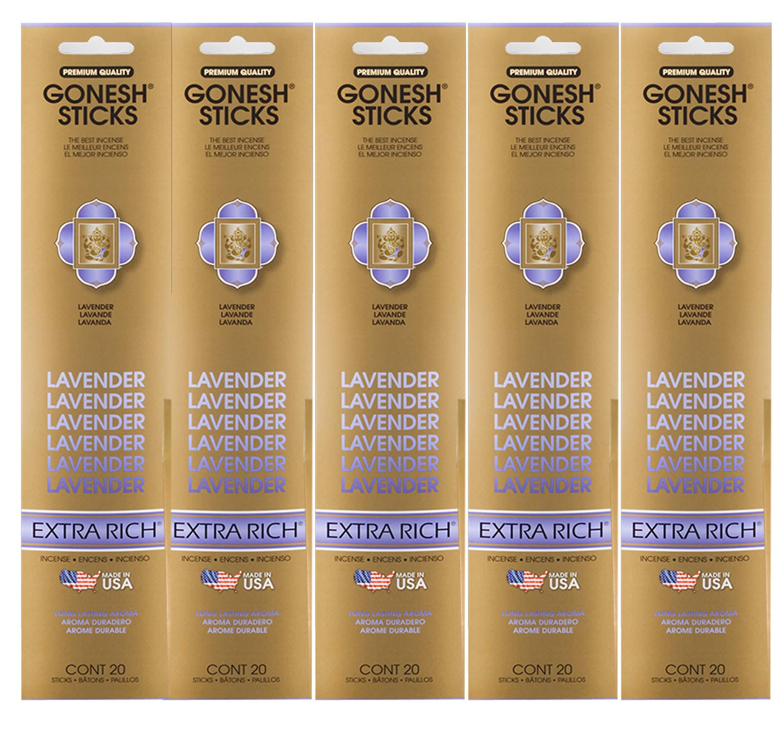 Gonesh Incense Sticks Extra Rich Collection - Lavender - 5 Packs (100 Total)