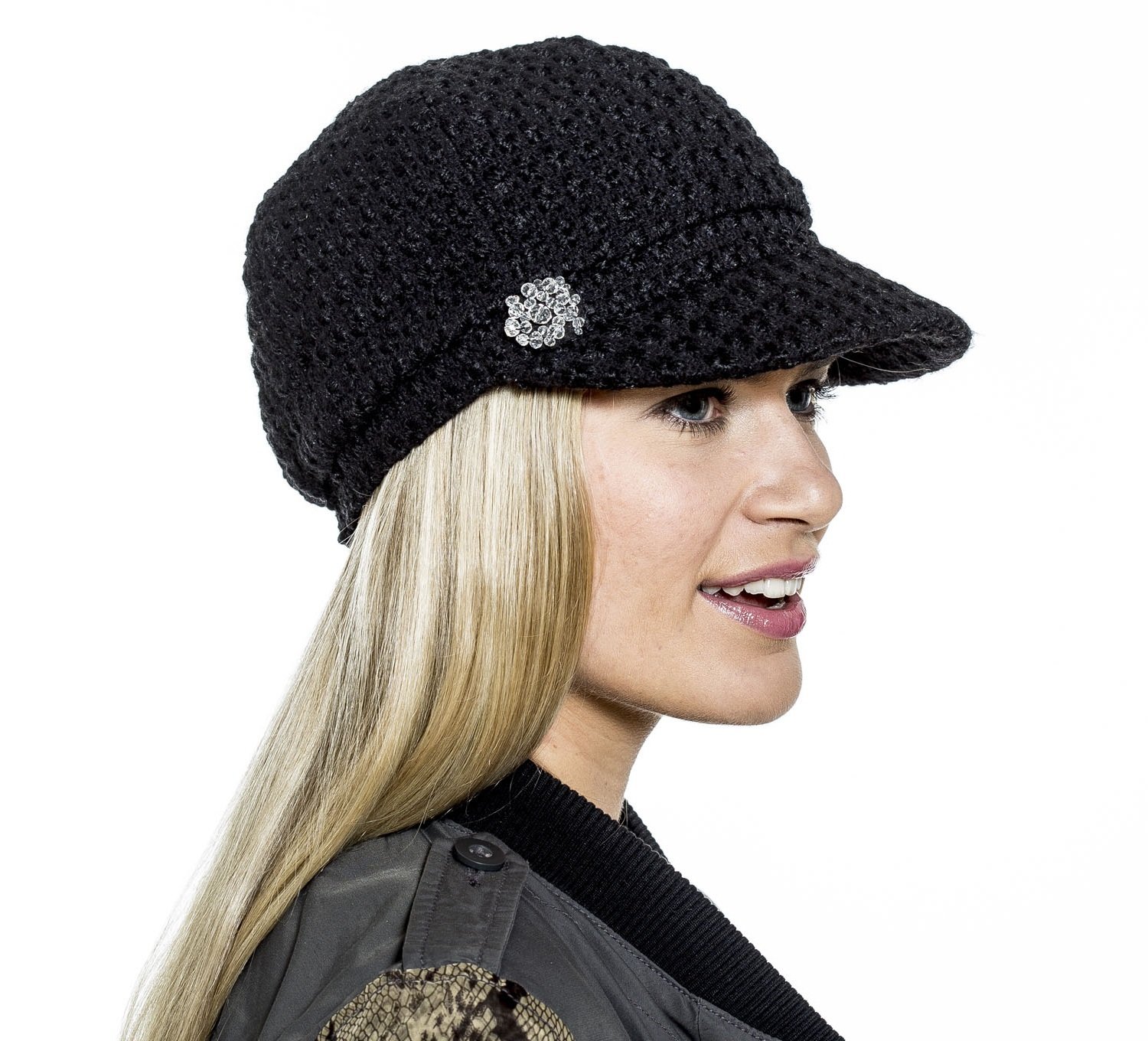 I-Smalls Women's Annie Black Annie Basket Weave Bakerboy Hat With Jewel Trim (Black)