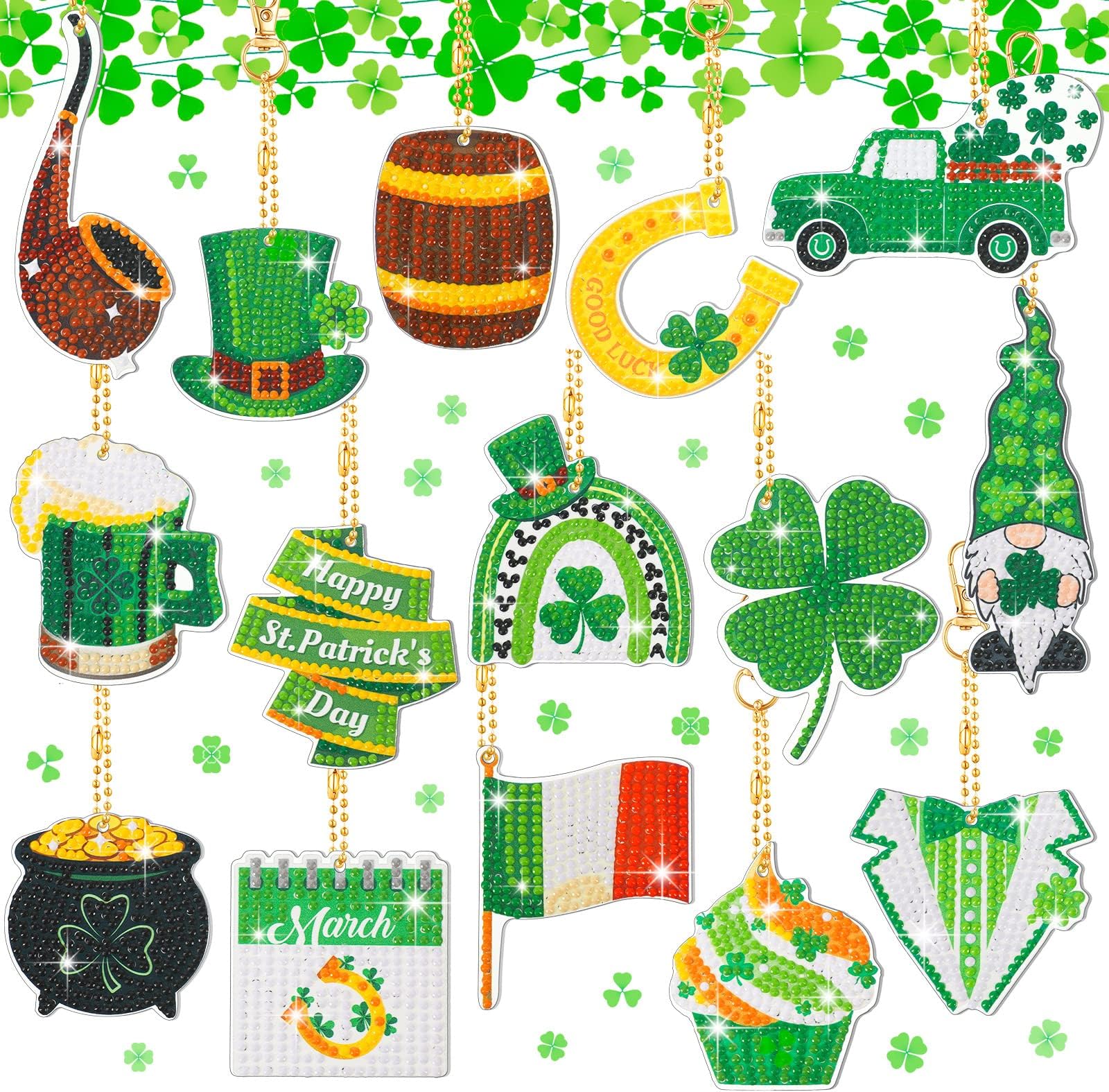Inbagi 15 Pcs St. Patrick's Day Diamond Keychains St. Patrick's Day 5D Diamond Painting Key Chains Diamond Art Keychains Pendant Green Diamond Painting Key Rings DIY Diamond Ornament (Vivid Style)