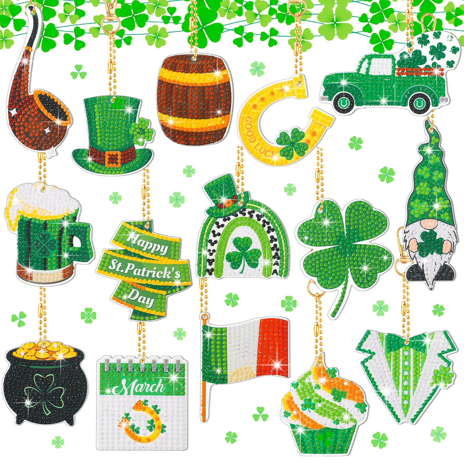 Inbagi 15 Pcs St. Patrick's Day Diamond Keychains St. Patrick's Day 5D Diamond Painting Key Chains Diamond Art Keychains Pendant Green Diamond Painting Key Rings DIY Diamond Ornament (Vivid Style)