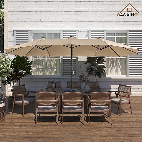 Miniatura 3 de CASAINC Paraguas de patio de 15 pies con base de doble cara, sombrilla rectangular doble con manivela, luces LED solares, para jardín, terraza,