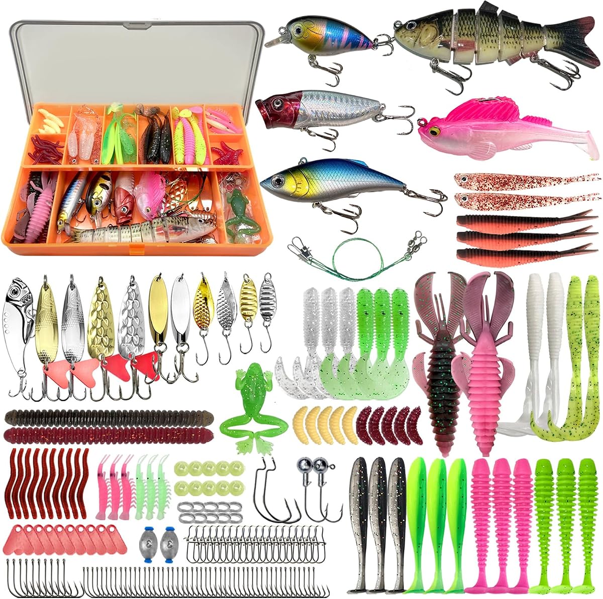 Señuelos de pesca: kit de pesca incluido, 193 piezas de accesorios de pesca y caja de aparejos, ranas, pececillos, cebos blandos, anzuelos y pesas, accesorios, equipo de regalo para hombres, lubina de agua dulce, trucha