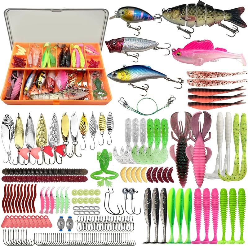 Señuelos de pesca: kit de pesca incluido, 193 piezas de accesorios de pesca y caja de aparejos, ranas, pececillos, cebos blandos, anzuelos y pesas, accesorios, equipo de regalo para hombres, lubina de agua dulce, trucha