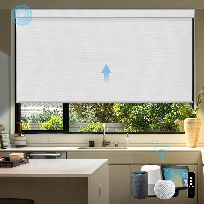 Motorized Blinds with Remote for Windows, Automatic Smart Blinds Electric Roller Shades Blackout work with Alexa Homekit Thread Google Z-wave, Custom Up to 110"W x 128"H, Vinyl Pure White | 100% Blackout Automatic Smart Blinds for Indoor Window, Cordless Battery-Powered Shade Compatible with Homekit