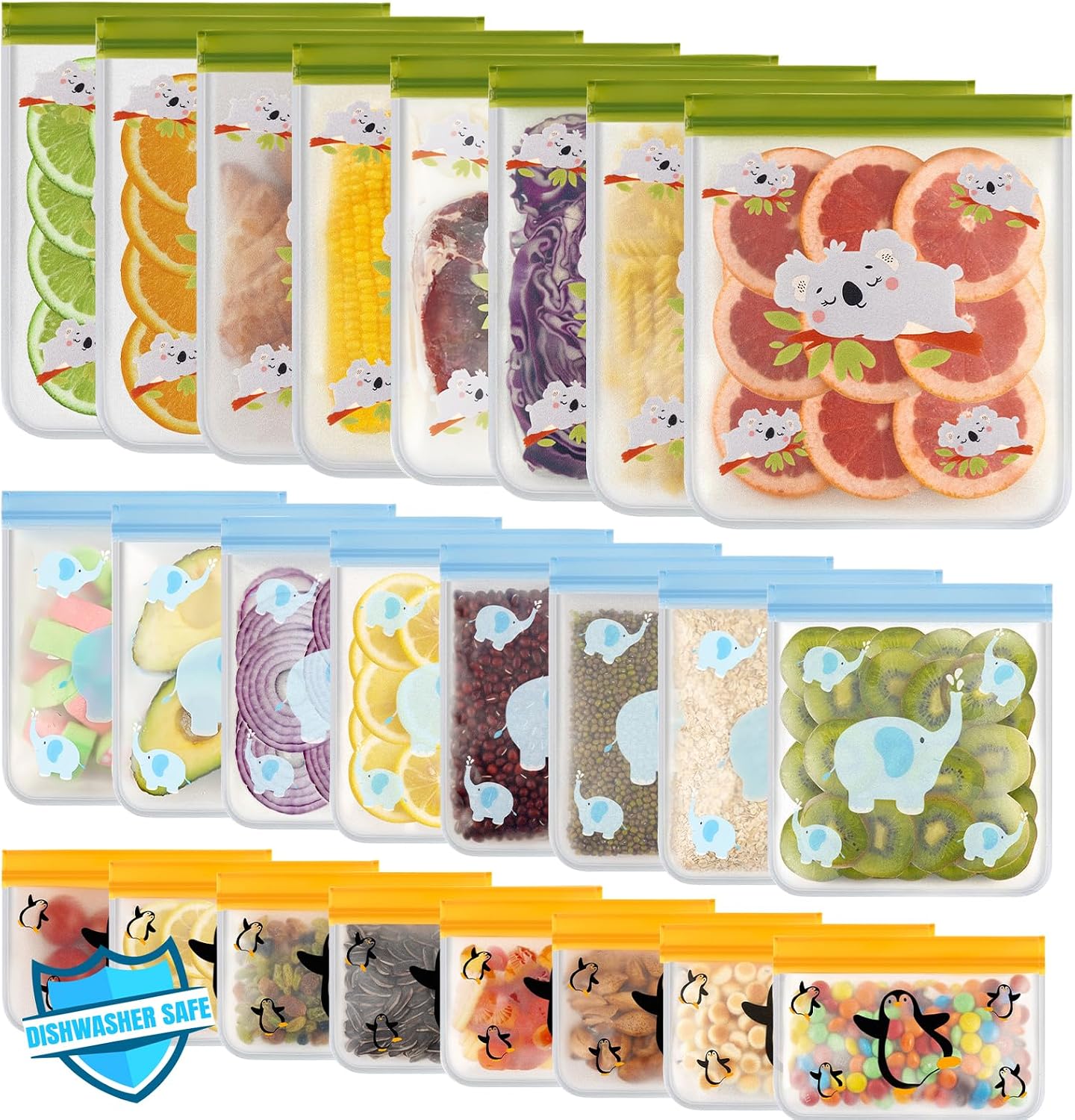 Dishwasher Safe 24 Pack Reusable Freezer bags Storage Vegetable Bags -BPA Free Leakproof Food Storage Bags Reusable Silicone for Marinate Meats