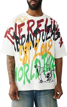 True Religion Mens TR Graffiti Graphic Relaxed Tee | Graphic Buddha Tour Design, Vintage Chain Stitch, Crewneck