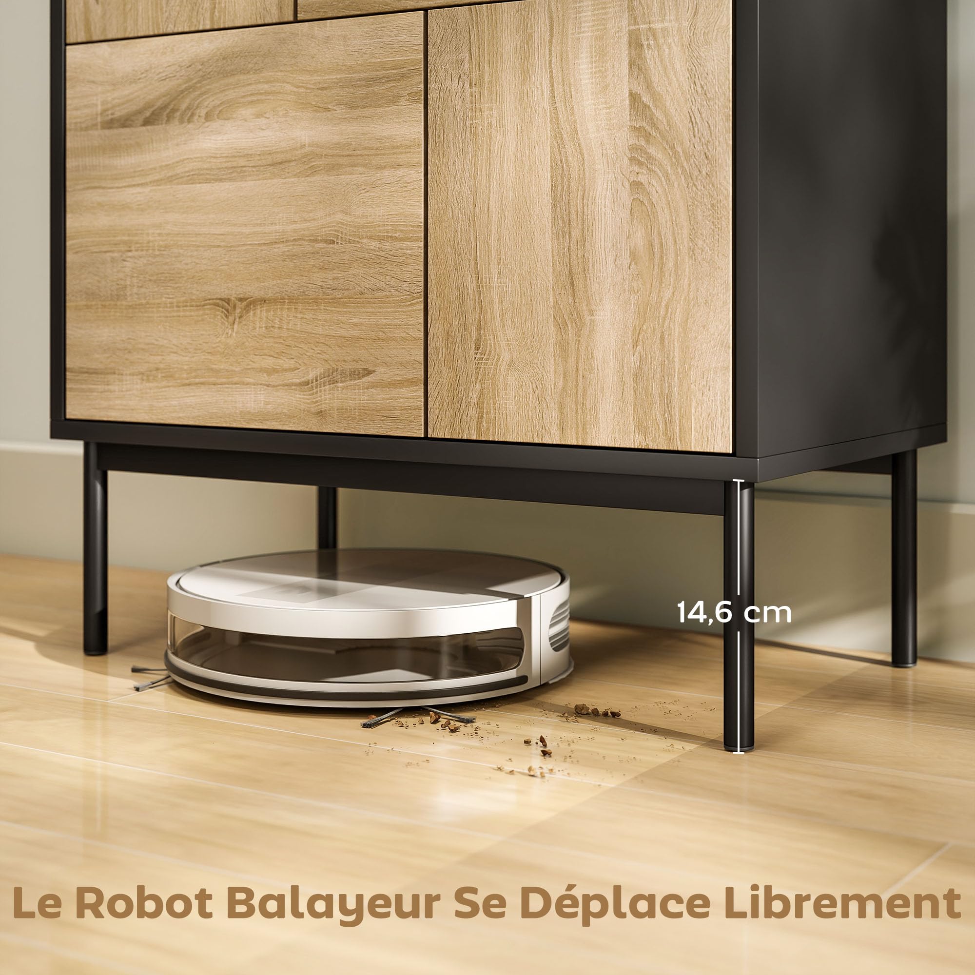 HOMCOM Buffet Salon Meuble Bas 60 x 35 x 78 cm Noir et Effet Bois Naturel | Meuble de Rangement, Armoire de Cuisine, Portes à Pousser, 4 Placards, Style Moderne, Buffet Salle à Manger et Salon