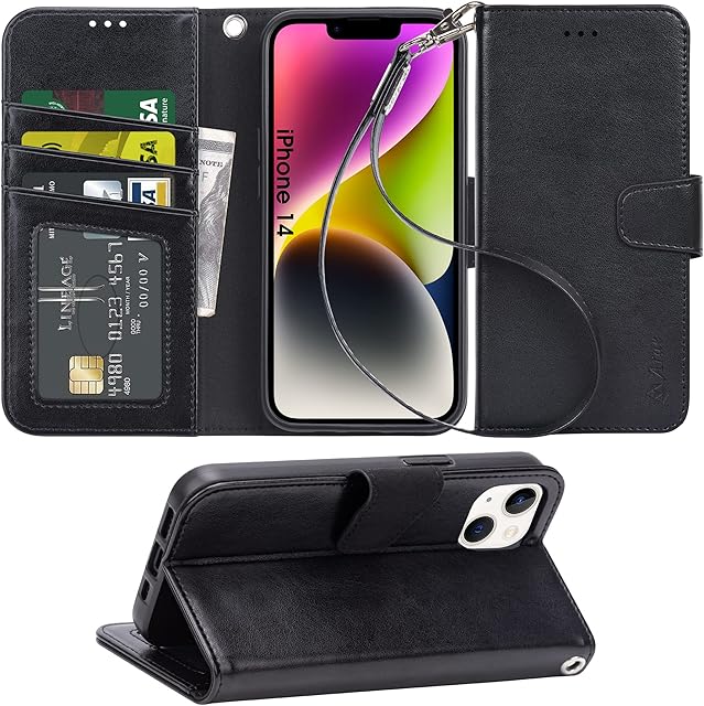 Arae Compatible with iPhone 14 Case Wallet Flip Cover with Card Holder and Wrist Strap for iPhone 14 6.1 inch, Black