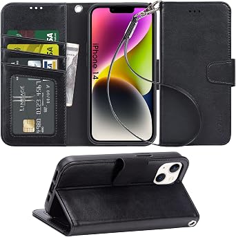 Arae Compatible with iPhone 14 Wallet Case with Card Holder and Wrist Strap Wallet Flip Cover for iPhone 14 6.1inch, Black