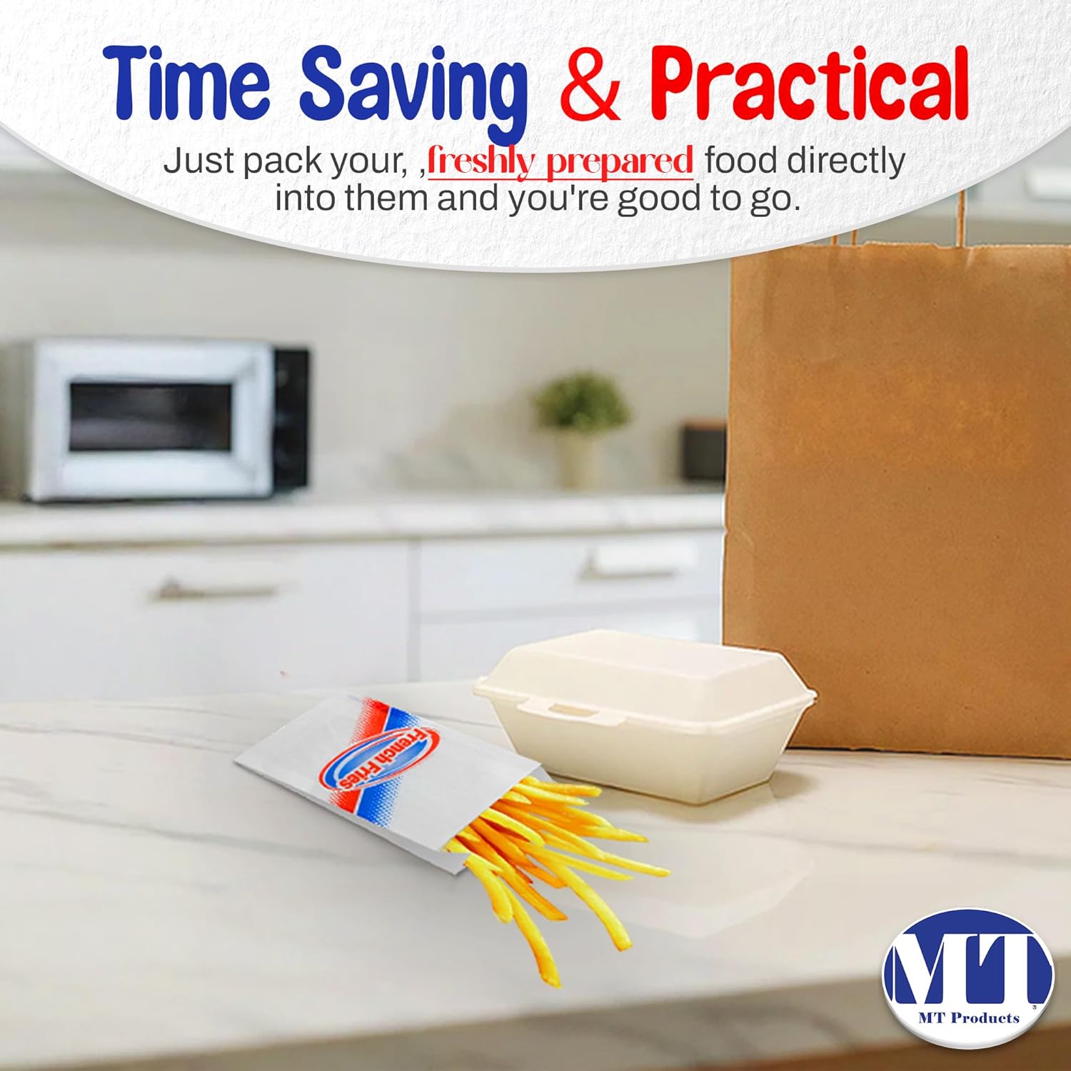 MT Products ホワイトフライドポテトバッグ 5.5インチ x 8インチ - デザインフライホルダー - 100枚パック