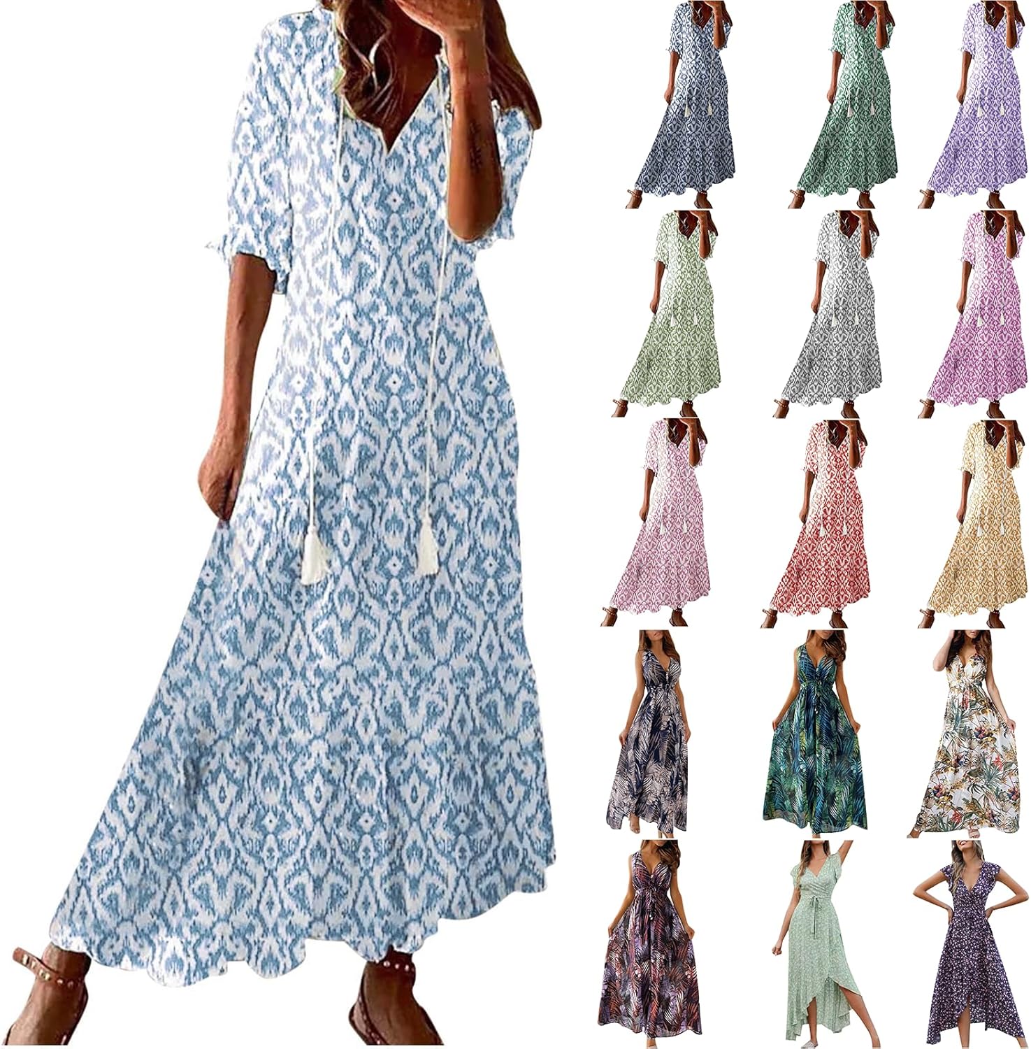 Boho Dresses for Women 2024 Casual Summer Floral Dresses Short Sleeve V Neck Ruffle