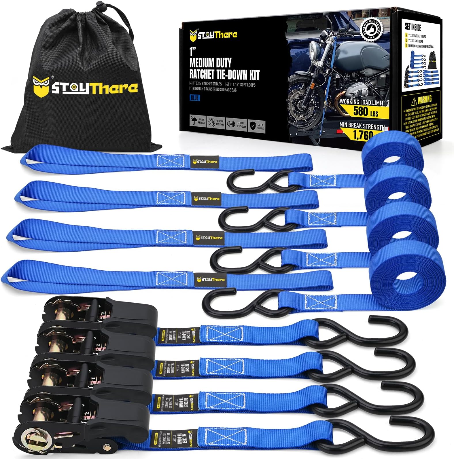 Stay There Ratchet Tie Down Straps 1'' x15', Ratchet Straps with S Hook - 1760lb Break Strength for Securing Motorcycle, Kayak, Truck with Rubber Handles, A Sturdy Bonus Bag & 4 Soft Loops Included