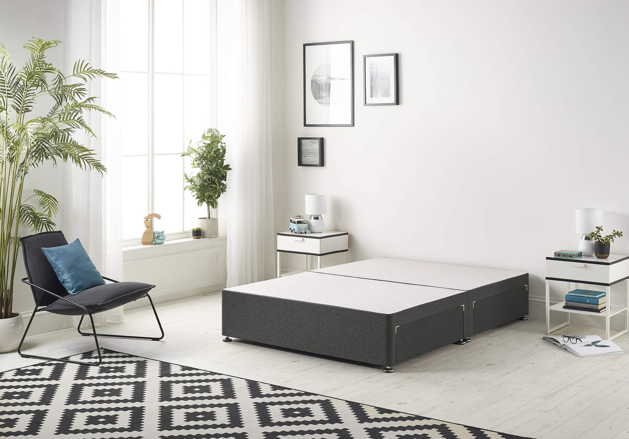 Bed Centre Flexby Divan Base Only with No Drawers and No Headboard - Available in 3ft,4ft,5ft and 6ft- Fabric (6FT Super King, Tweed Charcoal Fabric)