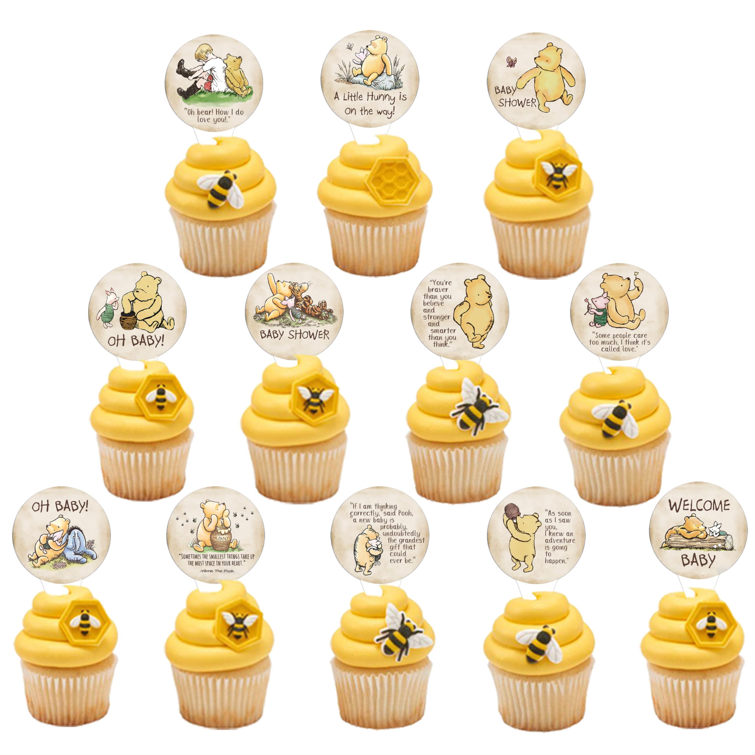48Pcs Bear Themed Cupcake Toppers,Classic Winnie Stuff for Baby Shower/First Birthday Party Decorations
