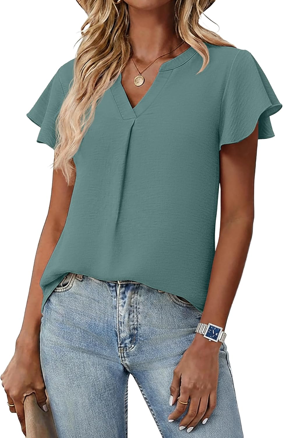 Womens Spring Tops Summer Dressy Casual Cute V Neck Ruffle Sleeve Blouses Flowy Shirts