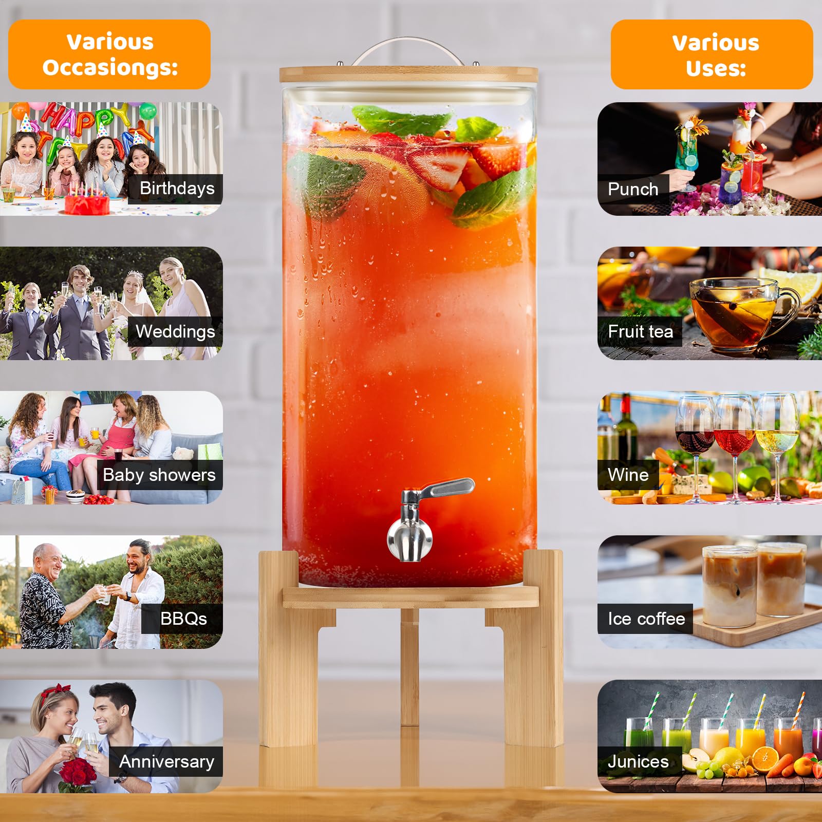 Dispensador de bebidas de 2.9 galones, dispensador de bebidas de vidrio con soporte, dispensadores de bebidas para fiestas, dispensador de bebidas con soporte de madera, grifo de acero inoxidable, 7