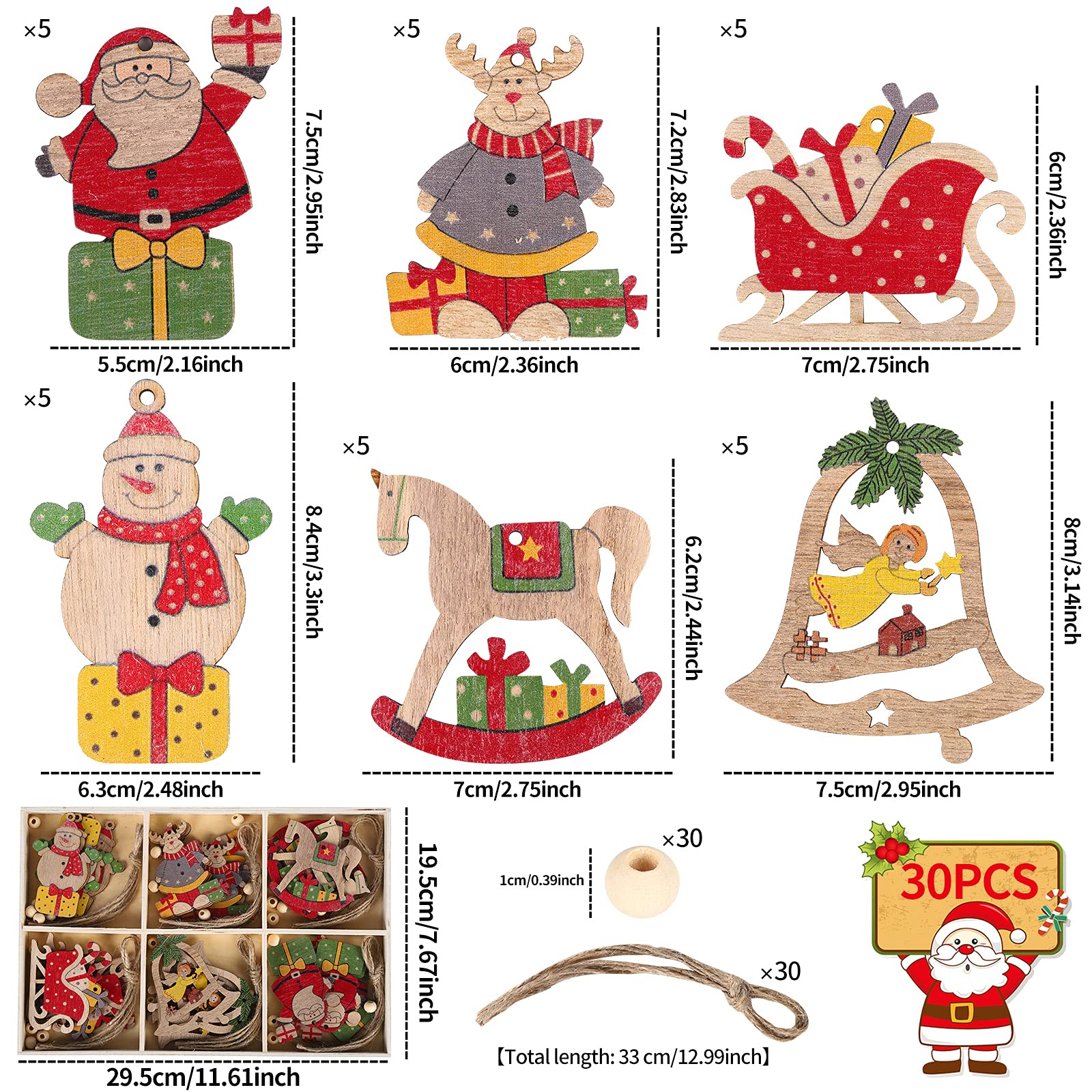 SATINIOR Weihnachtsbaum-Anhänger Aus Holz – 36 Stück, 6 Motive, 9,7x7,2 Cm, Mit Aufhängebändchen