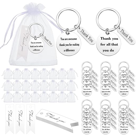 Yinkin 72 Pcs Thank You Gifts Bulk Include 24 Keychains 24 Bags 24 Cards for Employee Volunteer Appreciation Christmas(Silver)