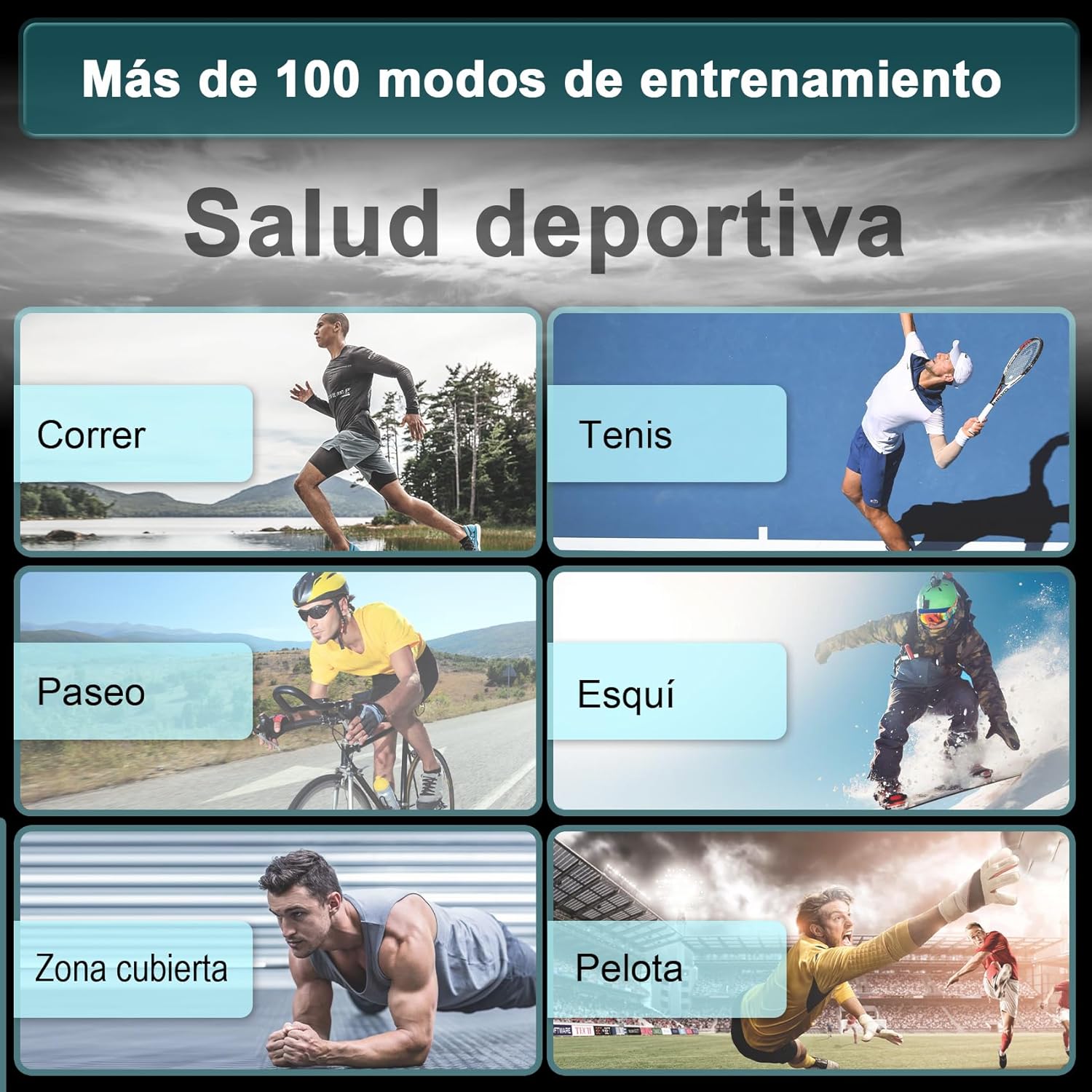 Collage showing various sports activities like running, tennis, walking, skiing, indoor training, and ball sports, indicating the smartwatch's support for over 100 sports modes.