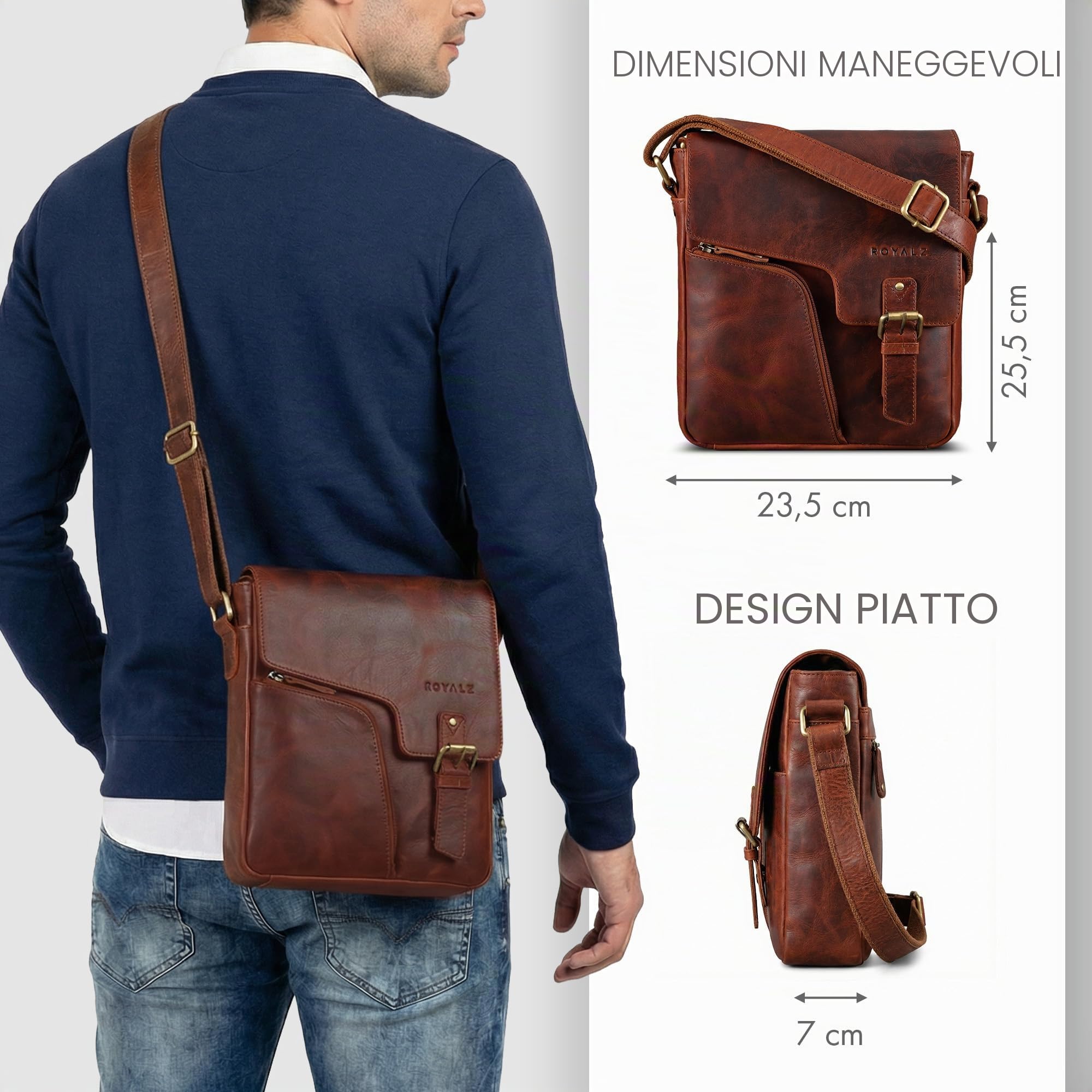 ROYALZ "Denver Borsa uomo vera pelle piccola vintage Tracolla Borsello Vero Cuoio Messenger per Tablet da 10,1 Pollici Viaggio