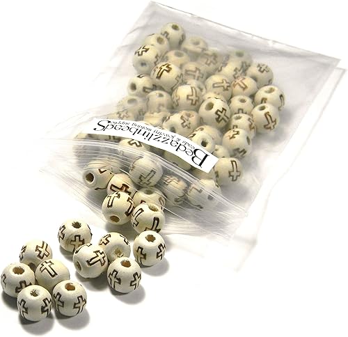 Miniatura 2 de 100 cuentas redondas grabadas de madera beige natural de 0.394 in con diseño de cruz quemada marrón
