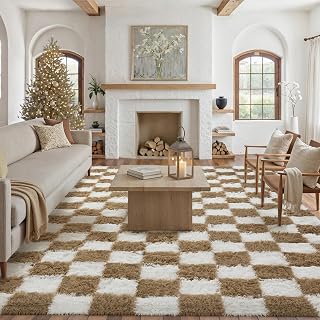 HUGEAR Plaid High Pile Carpet Living Room 200x300cm Brown White Soft Modern | Adult room girls rugs, soft fluffy large rugs, bed mat, non-slip, modern, bedroom decoration