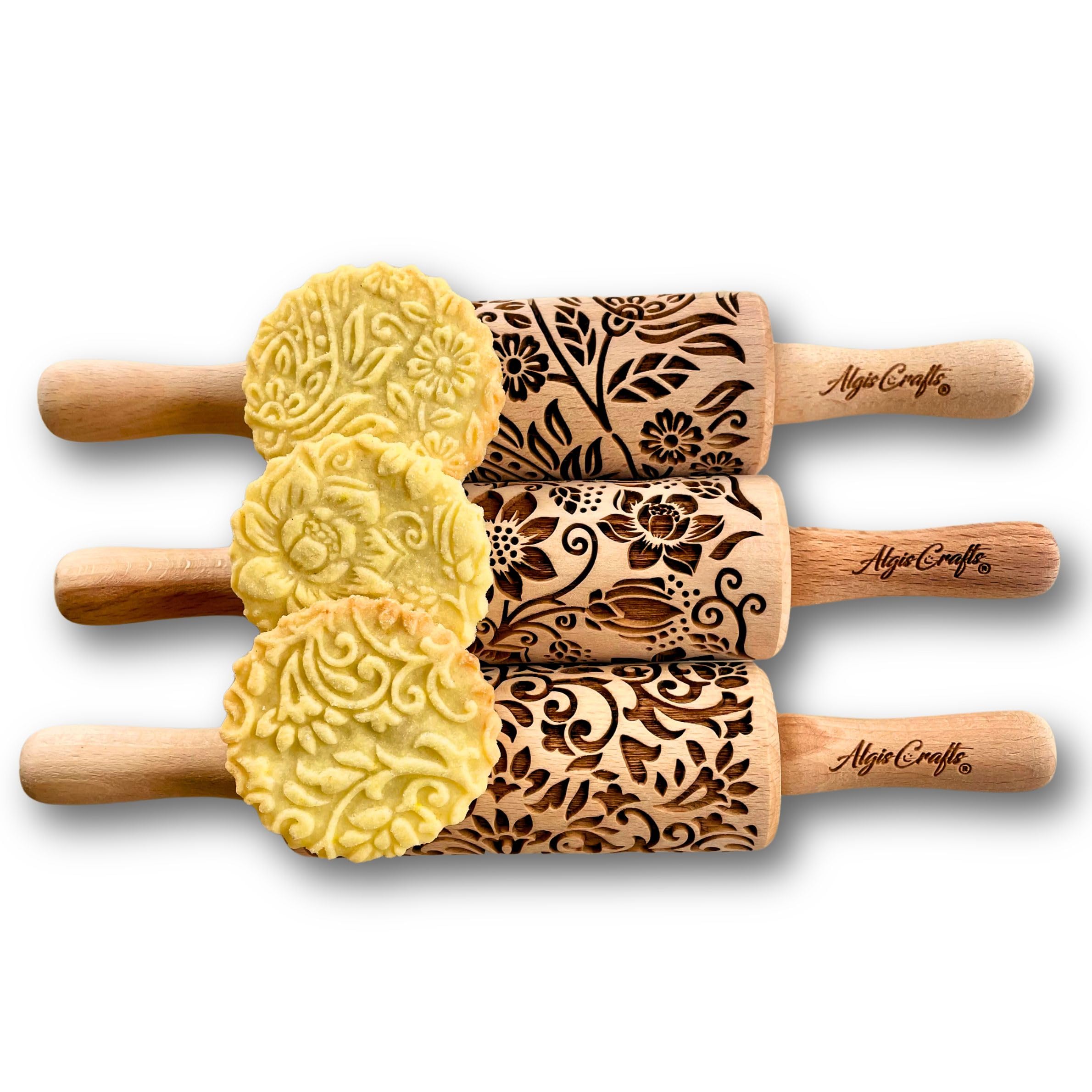 Mattarello Decorativo per Biscotti FIORE - Set di 3 Mattarelli Piccoli | Mattarello Inciso | Rullo per Biscotti e per Modellare per fai da te | Mattarello Legno Goffrato di Algis Crafts