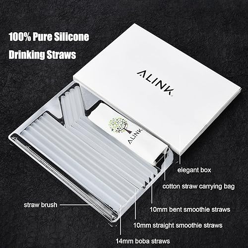 Miniatura 3 de ALINK Paquete de 10 popotes de silicona transparentes reutilizables, 2 pajitas Boba de silicona grandes, 8 pajitas largas para batidos de 30 onzas y