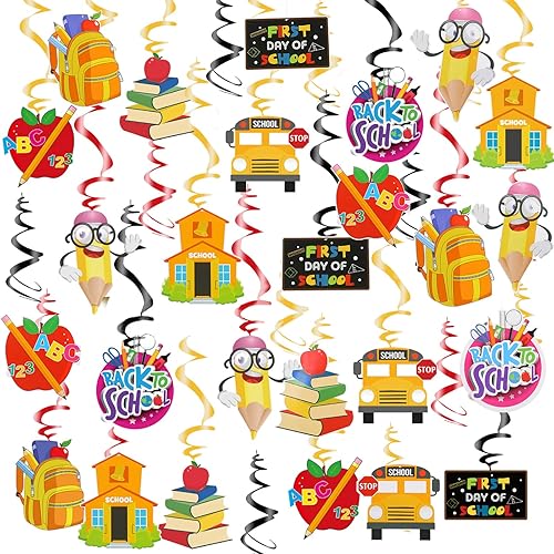KIMOBER 30 piezas de decoración de remolinos colgantes de regreso a clases, primer día de escuela, decoración colgante de remolinos de techo para