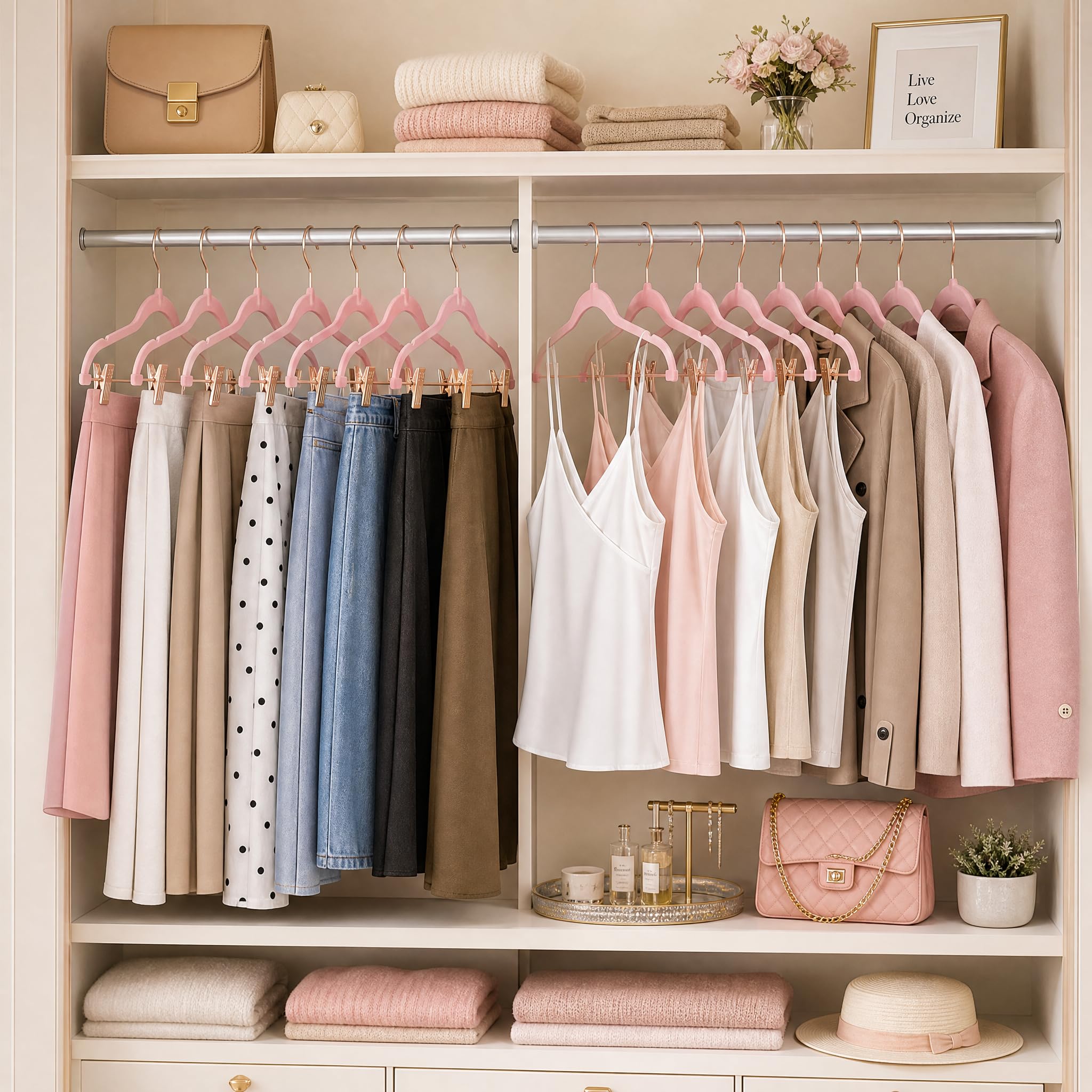 HOUSE DAY Perchas de Terciopelo con Clips, Paquete de 24 Perchas de Terciopelo ultrafinas Antideslizantes con Ganchos de Oro Rosa, Ahorro de Espacio, para Pantalones, Faldas, Jeans, Vestidos, Abrigos