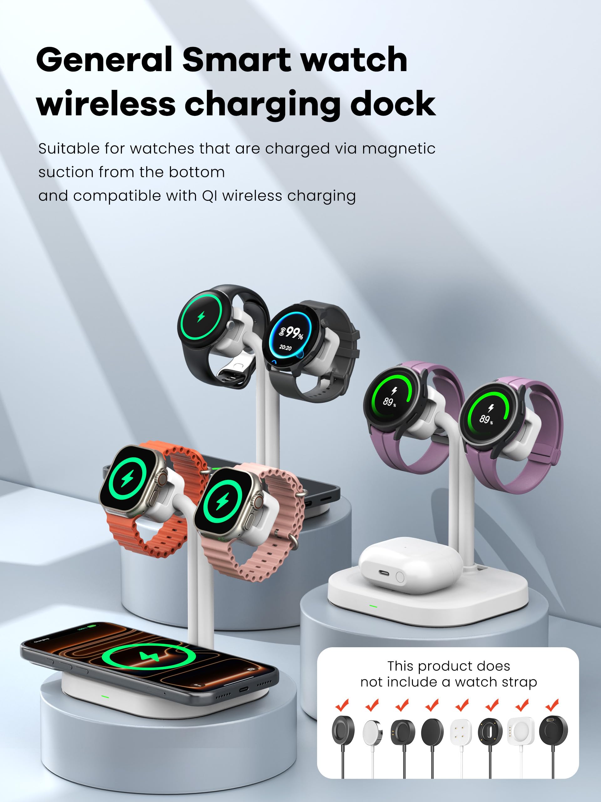 Caricatore universale per orologio doppio 3 in 1, stazione di ricarica wireless intelligente regolabile per Samsung/Google/Amazfit/Fitpolo/GRV/AGPTEK/Fire-Boltt (A22SW-bianco)