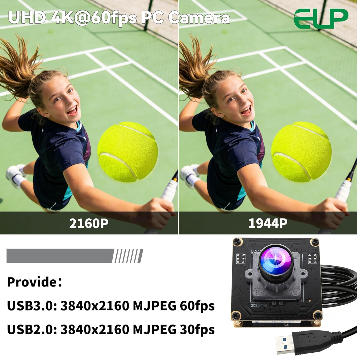 ELP High Speed 4K 60FPS USB Camera Module for Computer, Mini UVC 2160P USB3.0/2.0 Lightburn Cameras for Windows, Linux, Mac, Pi, Wide Angle 100°(H) IMX678 Webcam Board for PC Laptop Jetson Nano